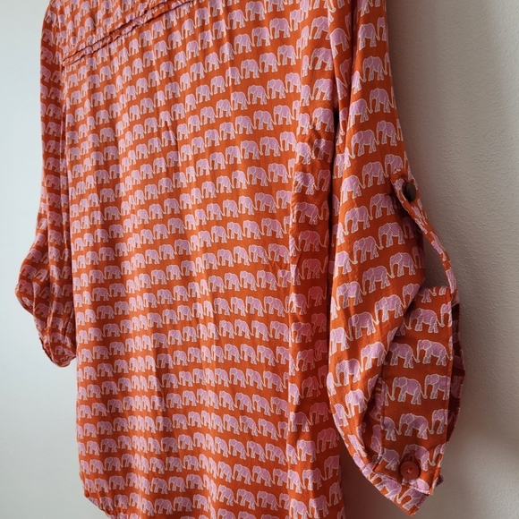 A.N.A. A New Approach Long Sleeve Blouse Orange + Pink Elephants Pleated Front - Picture 9 of 15